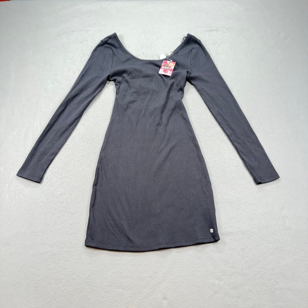 Roxy Mini Dress Women Medium Phantom Grey Ribbed Open Back ERJKT04195 NWT